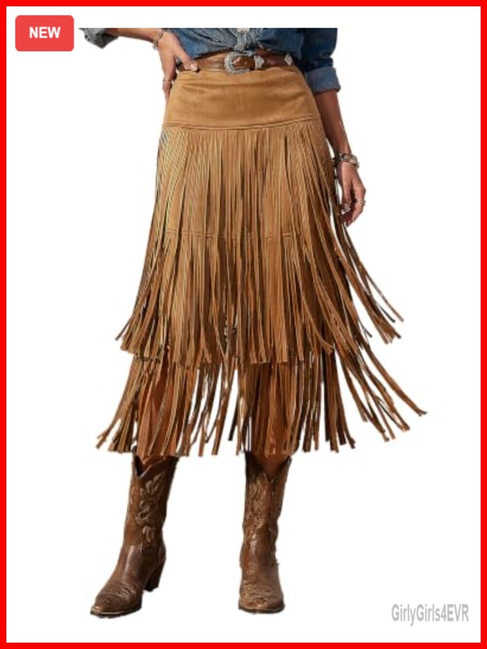 Suede Fringe Midi Skirt Western Cowgirl High Low Hem A-Line